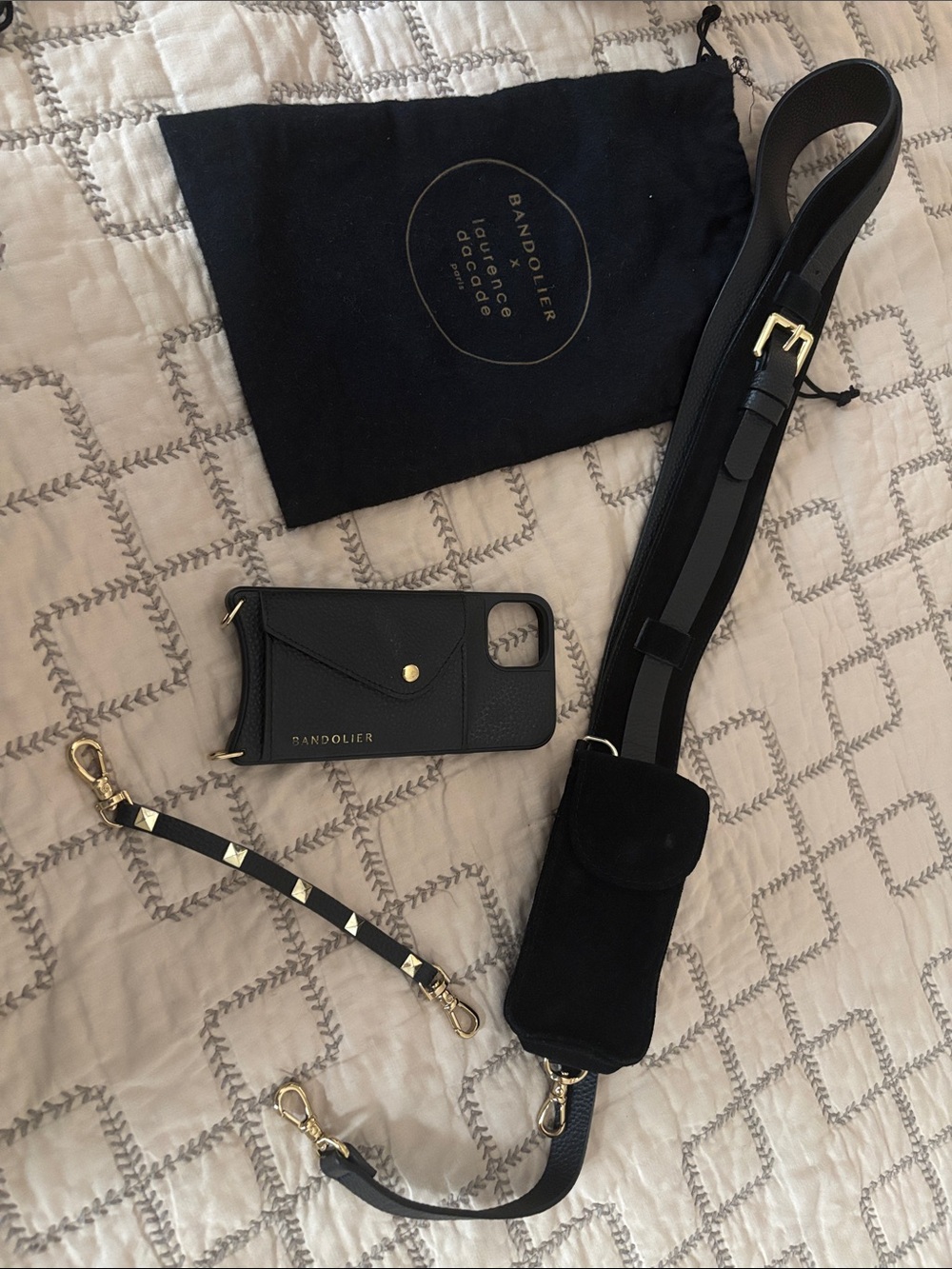 Bandolier Black Leather Crossbody Phone Strap with Pouch, Wristlet (iphone15)